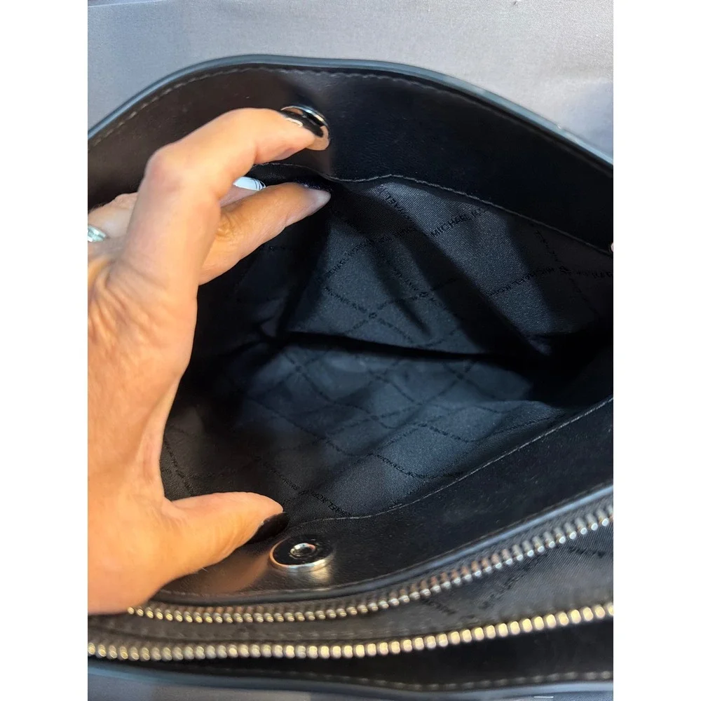 Michael Kors Black Quilted Leather Rose Shoulder Bag Silver Tone Hardware Tote